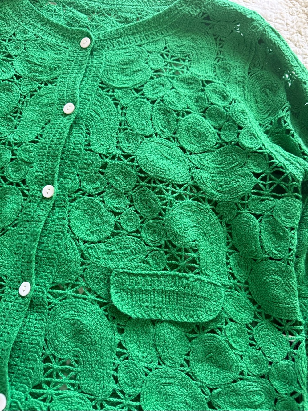 Bright Green Crochet Look Button-Up Cardigan - Picture 4 of 5